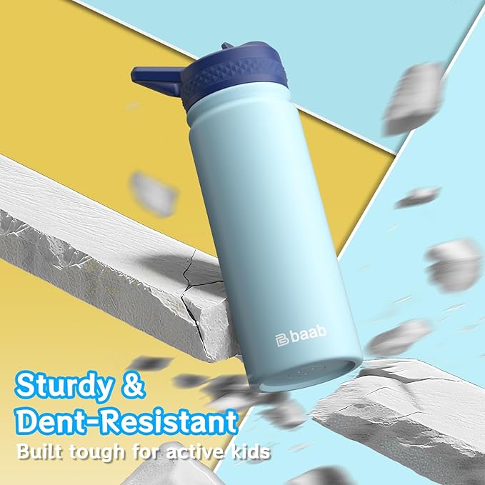 baab 18oz Kids Water Bottle, Insulated Water Bottle with Straw & Stickers, 18/8 Stainless Steel Vacuum Leakproof Kids Water Straw Cup for School, Perfect for Boy Girl (Light Blue+Pink, 2 Pack)