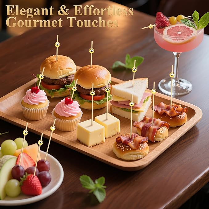 1200PCS Cocktail Picks, Fancy Toothpicks for Appetizers Drinks Food Fruit, 4.7 IN Long Decorative Bamboo Skewers, Gold Pearl Wooden Garnish Sticks for Charcuterie Boards Accessories Party Supplies