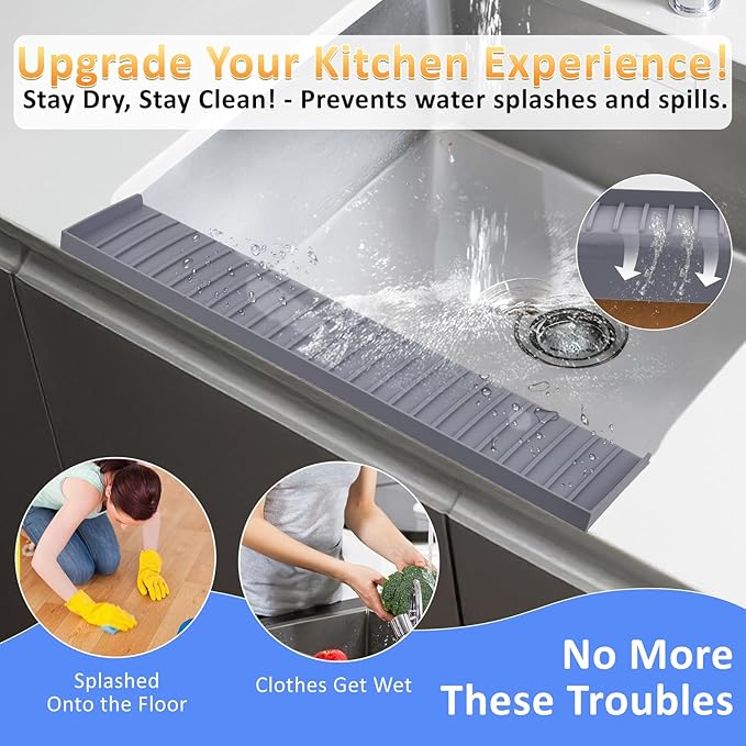 Sink Edge Protector with Suction Cup 4"x24", Silicone Sink Splash Guard for Kitchen & Bathroom, Protect Countertop from Scratches, Stains, for Stainless Steel Granite Quartz-Grey