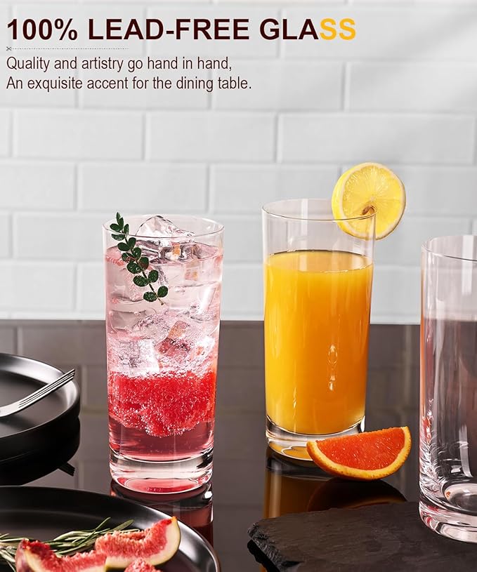 LUNA & MANTHA Drinking Water Glasses Set, Lead-Free Crystal Highball Glass, Tall Glass Cups for Cocktail Parties,Clear set of 4,16oz