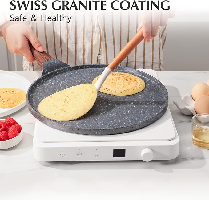 SENSARTE Nonstick Crepe Pan, Swiss Granite Coating Dosa Pan Pancake Flat Skillet Tawa Griddle 12-Inch with Stay-Cool Handle, Induction Compatible
