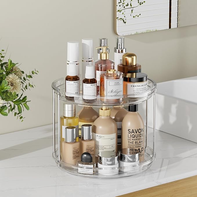 2 Pack 2 Tier Lazy Susan Organizer, 9.25'' Lazy Susan Turntable for Cabinet, Stackable Turntable Organizer Rotating Spice Rack Organization for Kitchen Countertop, Pantry, Bathroom, Clear
