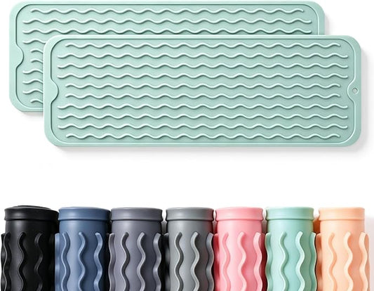 CAKETIME 2 Pack Silicone Dish Drying Mat for Kitchen Counter Under Bathroom Sink Near Faucet Absorbent for Dishes Water Heat Resistant Pad with Soap Holder Decor Essentials 17inchx6inch Green