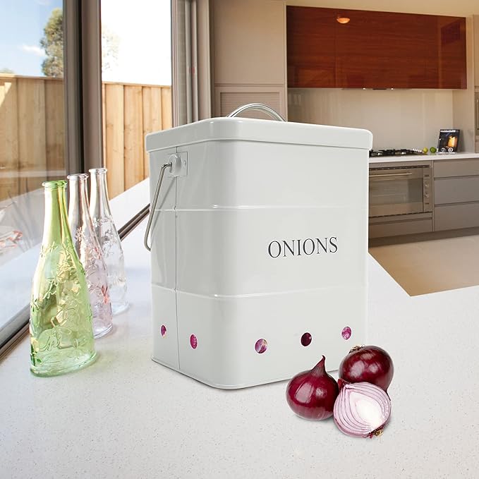 Onion Storage Bin, Kitchen Storage Canister,Kitchen Pantry Organizer Tin With Airtight Lid & Handles, Vegetable Fresh Keeper with Aerating Tin Storage Holes (White)