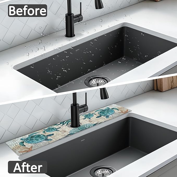 2PCS 24" X 5.5" Kitchen Sink Splash Guard Faucet Mat Sea Turtles Super Absorbent Fast Drying Faucet Guard & Draining Mat Sink Splash Guard Behind Faucet for Kitchen, Bathroom