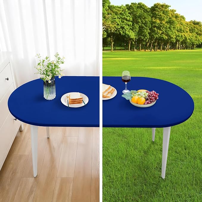 Fitted Oval Tablecloth 48 x 68 Inch Elastic Table Cloth, Stretch Spandex Table Cover Royal Blue Washable Polyester Top Cap Cover for Dining Picnic Camping Indoor and Outdoor