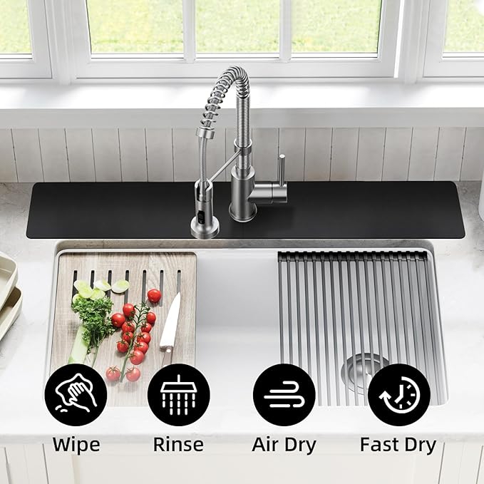 LOPNUR Faucet Mat for Kitchen Sink Protectors, 29 Inch Extra Long Kitchen Sink Splash Guard Behind Faucet, Cuttable Bathroom Water Splash Guard with Super Absorbent Diatomite Fast Drying, Black