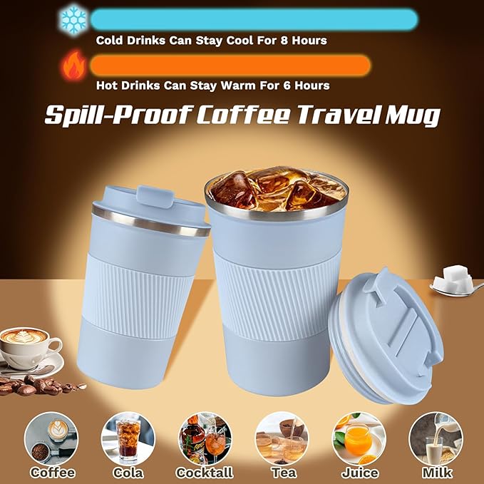SPLMIFA Vacuum-Insulated Stainless Steel Travel Coffee Mug, Leak-Proof Reusable Coffee Cup with Lid - Keep Hot & Cold Drinks for Hours, Durable Insulated Tumbler for Men & Women(3rd-Light Blue, 17OZ)