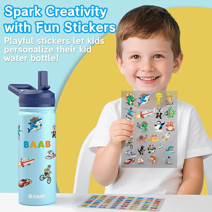 baab 20oz kids Water Bottle, Insulated Water Bottle with Straw & Stickers, 18/8 Stainless Steel Vacuum Leakproof kids Water Straw Cup for School, Perfect for Boy Girl (Navy Blue+Light Blue, 2 Pack)