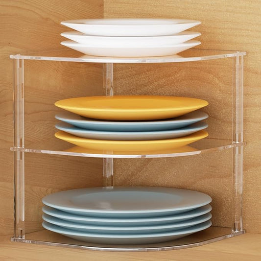 Acrylic Plate Organizer for Cabinet Kitchen Countertop Corner Clear Cabinet Organizer for Paper Plate and Bowl Dishes Pantry Storage Corner Rack Plate Holder for Cabinet Shelf Space Saver
