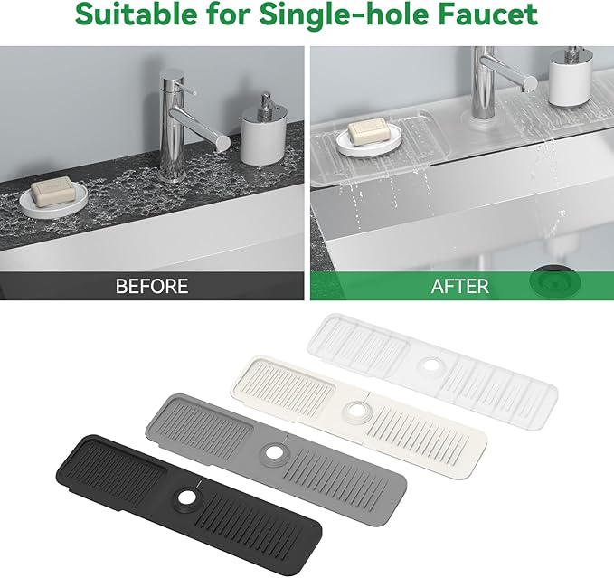 Kitchen Sink Splash Guard Behind Faucet 24 x 5.5 Inch, Toovem Faucet Handle Drip Catcher Tray, Longer Silicone Sink Faucet Mat, Dish Soap Sponge Holder for Bathroom, Farmhouse, Bar Rv