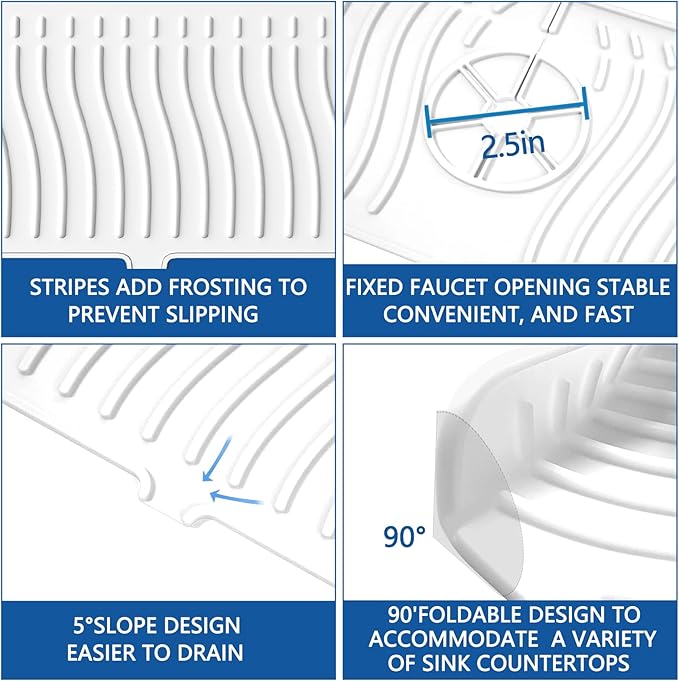 Kitchen Sink Splash Guard-24 x 5.8'' Ultrathin Silicone Sink Mat Splash Guard fit for Countertop, Bathroom,Farmhouse,RV (White)