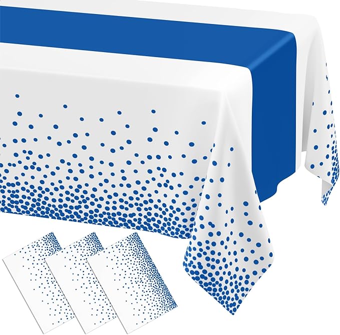 Smiry Plastic Table Cloth Disposable 3 Pack, 54 x 108 Inch Rectangle Waterproof Tablecloth, Printed Gold Table Runner Style for Birthday Weeding, Party Decorations, Leakproof & Sturdy, White and Blue