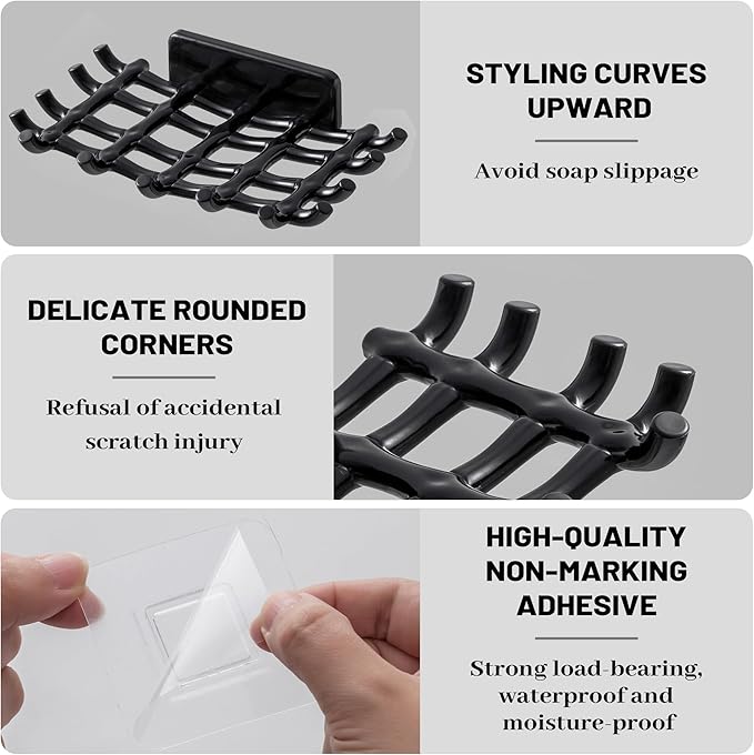 Soap Bar Holder for Shower Wall, Self Draining Soap Dish with Hooks, No Drilling, Bathtub Kitchen Sink Waterproof Adhesive Wall Mounted Dish (4 Pack, Black)
