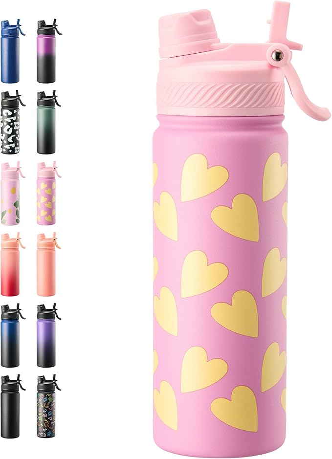 Fijinhom 18 oz Insulated Water Bottle, 2-in-1 Straw and Spout Lid Stainless Steel Thermos, Leak-Proof, Double Wall Vacuum Flask, Keep Cold 24H for Outdoor, Sports, Travel, School (Heart)