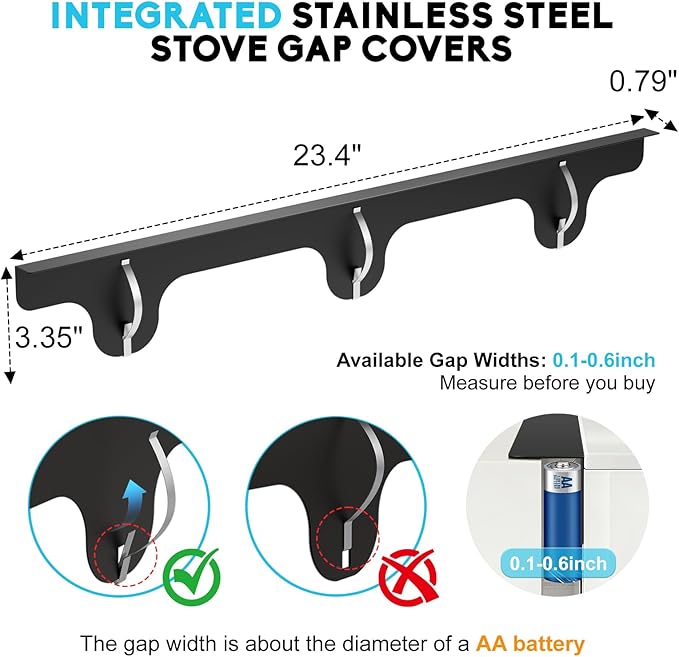 Stove Gap Covers - 304 Stainless Steel Oven Side Gap Filler, 2 Pack Stove Gap Filler - Length 23.4" Width 0.79", Spring Clip Design Fitting Gap Strong Guard Between Stove Top & Counter - Black