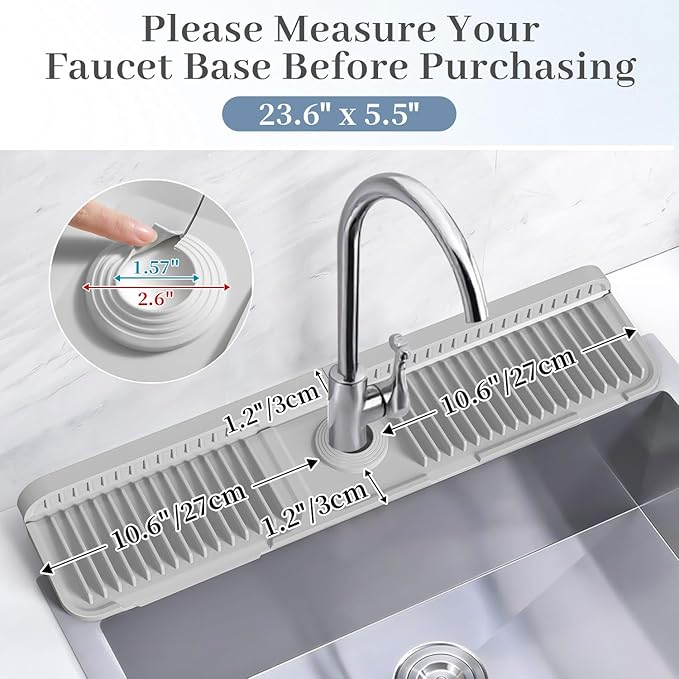 PoYang 24 inch Faucet Mat for Kitchen Sink Splash Guard, 7° Slope Silicone Sink Water Splash Guard for Kitchen Sink Area with Snap, Longer Sink Protectors for kitchen Sink Sponge Holder, Light Grey