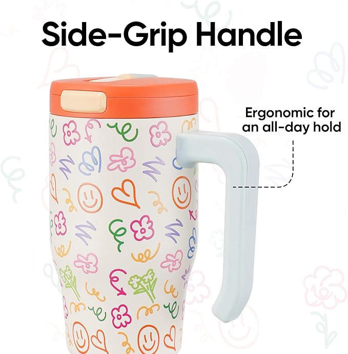 Fijinhom 18 oz Toddler Tumbler with Handle, Stainless Steel Insulated Water Bottle Coffee Mug with Straw, Toddler Cups, Kids Water Bottle for School, Sports, Travel, Creamy Scribs