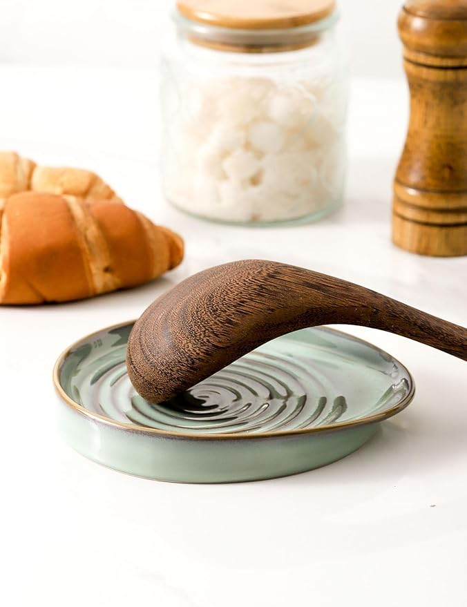 Ceramic Spoon Rest for Stove Top, Spoon Holder for Kitchen Counter, Farmhouse Cooking Utensil Holder for Spoons, Ladles, Spatula, Grey