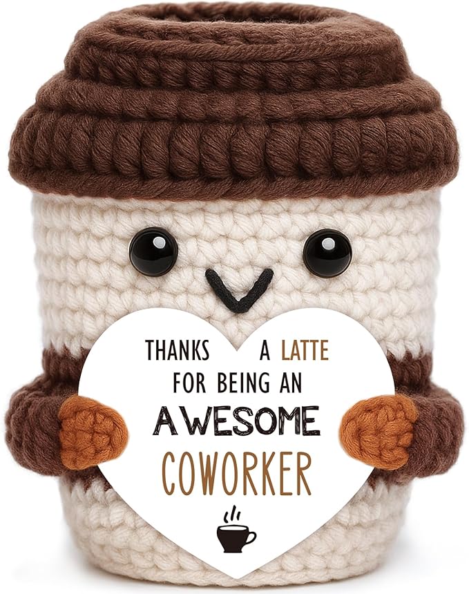 Mini Coworker Gifts for Women Men Handmade Crochet Coffee Cup Leaving Farewell Goodbye Going Away Office Appreciation Gift for Coworkers Work Bestie Team Employee Birthday Promotion Ideas Gift