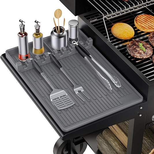 MealHelper Silicone Griddle Tools Mat Compatible with Blackstone Griddles, Grill Mat for Outdoor Grill Side Shelf with Seasoning Jar Holders, BBQ Tool Rest, Grey