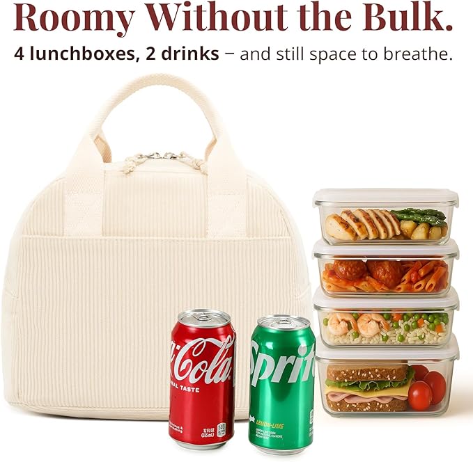 LOVELYWIND Insulated Cream Beige Lunch Bag for Women, Stylish Corduroy Tote with Aluminum Lining, Large Capacity Reusable Cooler for Work, Travel, or Beach, Beige Cream Water-Resistant Lunch Box