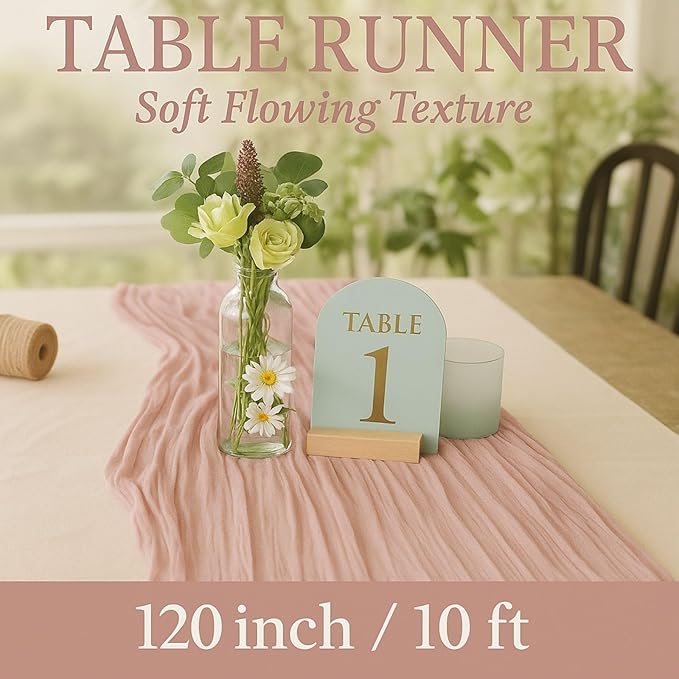 6 Pack Dusty Pink 10FT Cheesecloth Table Runners –120 Inch Blush Gauze Boho Table Decor Set for Bridal Shower, Mother’s Day Brunch, Baby Girl Party, or Romantic Wedding Reception