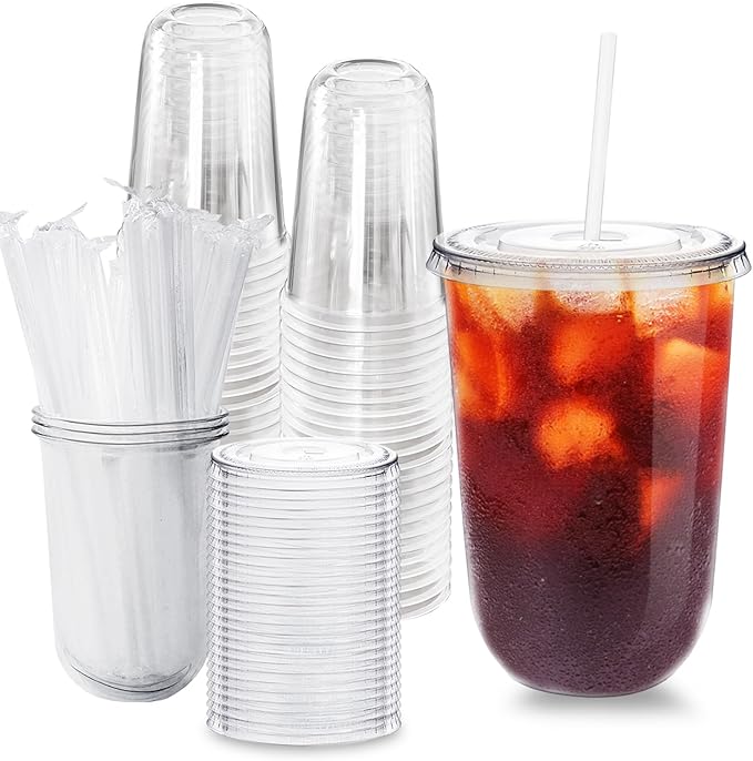 Alaeseje 50 Pack Clear Plastic Cups with Lids and Straws,20 oz Disposable Iced Coffee Cups,PET Crystal Cups,Round Bottom To Go Cup for Iced Coffee Juice Smoothie Cold Beverage