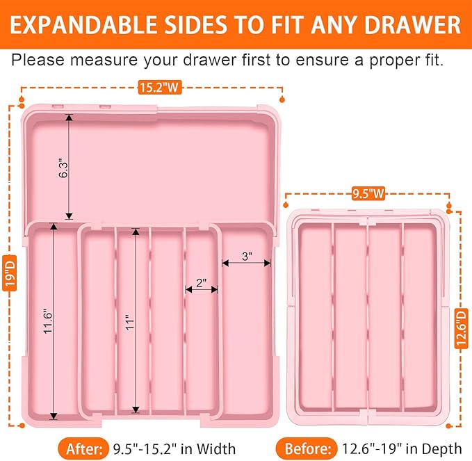 Silverware Organizer - Expandable Silverware Drawer Organizer, Adjustable Drawer Organizer, Silverware Tray for Drawer 15.2"x 19" Utensil Drawer Organizer, Kitchen Organizers Storage, Pink