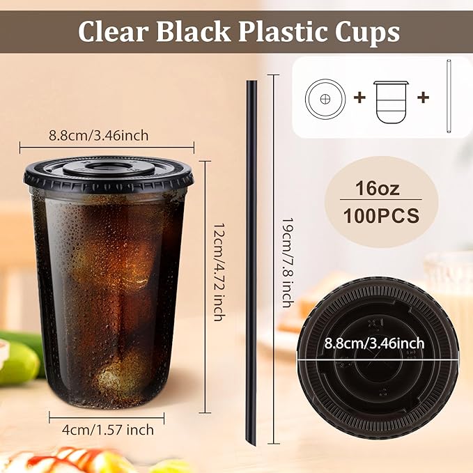 tchrules 100 Set 16oz Plastic Cups with Lids and Straws, Disposable Black Clear Iced Coffee Cup with Lid, Round Bottom Plastic To Go Cups for Cold Drinks Slushie Smoothie Soda Bar Party Shop Supplies
