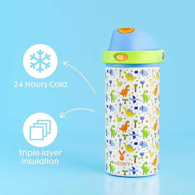 18 oz Insulated Water Bottle for Sports: Meoky Stainless Steel Kids Water Bottle with 2-in-1 Straw and Spout Lid - Leak Proof, Fits in Car Cup Holder, BPA-Free for School Gym Travel, Dinosaur Party