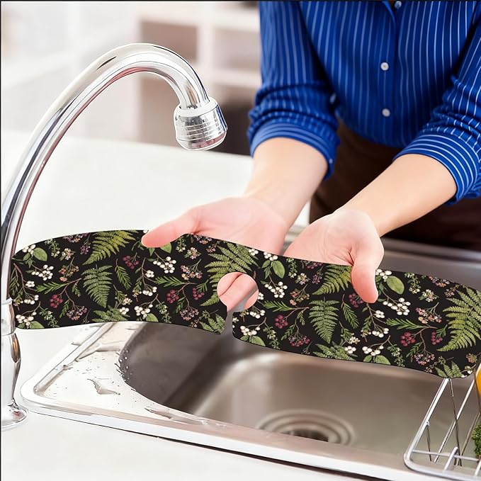 2 Pcs Kitchen Sink Splash Guard Faucet Mats Vintage Fern and Berries Pattern Faucet Mat for Sinks Absorbing Drying Mat for Kitchen Bathroom, 23.6x5.5inch