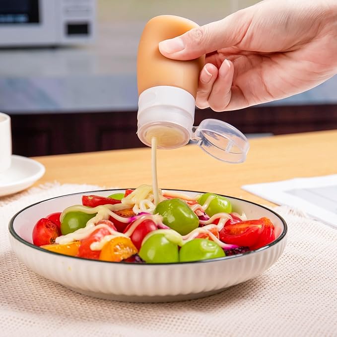 MICEBAY Condiment Squeeze Bottles for Sauces, 2-oz Mini Silicone Salad Dressing Container to Go with Reusable Sandwich Bag, Leakproof Sauce Bottle for Lunch Box, 4 Pack, Apricot