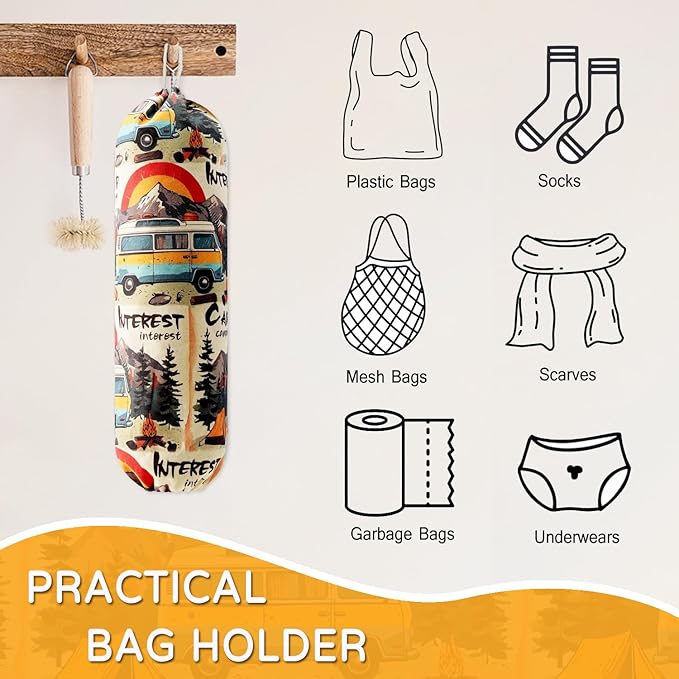 Plastic Bag Holder, Washable Grocery Bag Holder for Plastic Bags Groceries Store, Wall Mount Canvas Shopping Plastic Bag Organizer Dispenser for Home, Kitchen, Campers, RV, Car (Camping Trip)