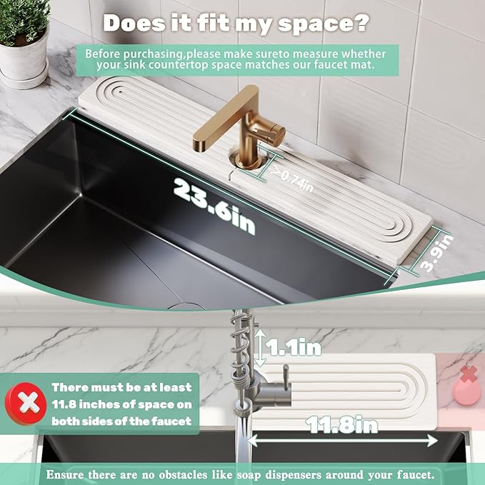 Stone Faucet Mat for Kitchen Sink, Diatomite Drying Stone Tray & Sink Protector, Water-Absorbing Splash Guard, Prevent Moisture on Kitchen & Bathroom Counter (White,23.6" x 3.9")