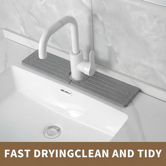 Premium Diatomite Stone Drying Mat for Kitchen Counter - Faucet Mat for Kitchen Sink, Sink Protector & Splash Guard, Quick-Dry Kitchen Sink Mat,Super Absorbent (Gray, 15.8"x4")