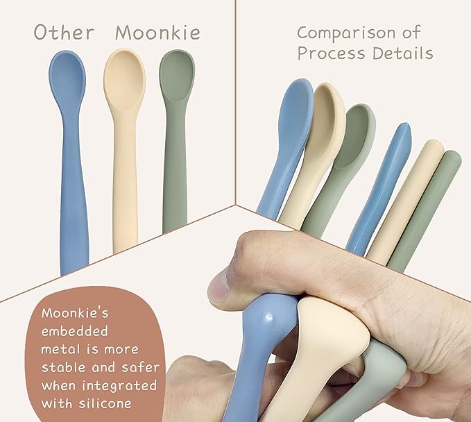 Moonkie Silicone Baby Spoons Set of 4, Toddler Spoons for Self Feeding 6 Months, Two Sizes Feeding Spoons for First Stage 4+ Months, Baby Utensils, Bendable, Chewproof & Boil-proof (Without Case)