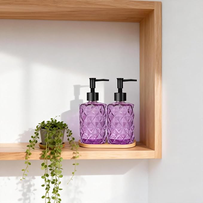 Glass Hand and Dish Soap Dispenser Set of 2 with Plastic Pumps, Bamboo Tray, 12oz Purple Bathroom Soap Dispenser with Diamond for Hand Wash & Dish Wash, Ideal for Bathroom Kitchen Countertop