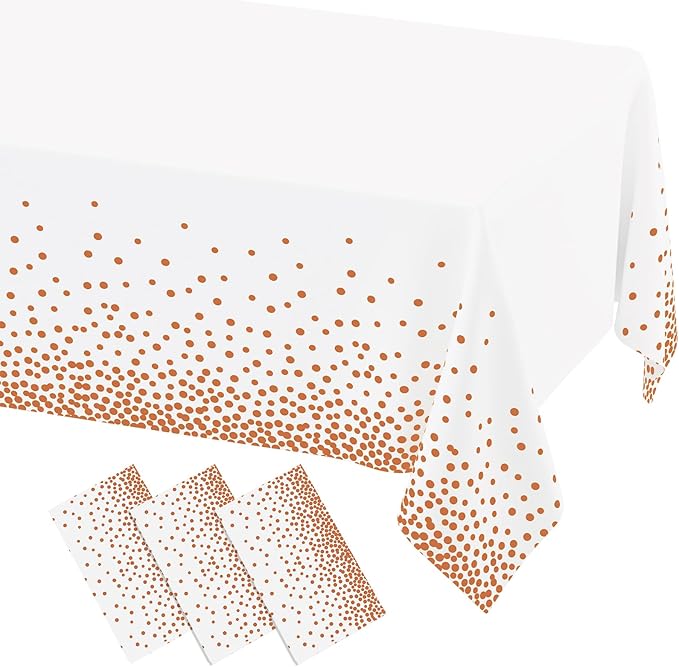 misaya 3 Packs Dot Disposable Table Cloth, 54 x 108 Inch Waterproof Plastic Tablecloth, Rectangle Rose Gold Dots in White Table Covers for Picnic, Birthday, Party
