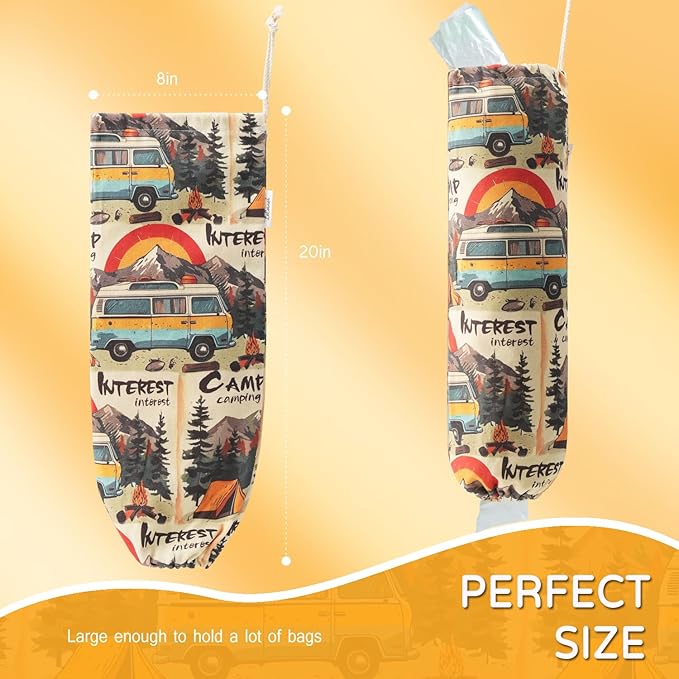 Plastic Bag Holder, Washable Grocery Bag Holder for Plastic Bags Groceries Store, Wall Mount Canvas Shopping Plastic Bag Organizer Dispenser for Home, Kitchen, Campers, RV, Car (Camping Trip)