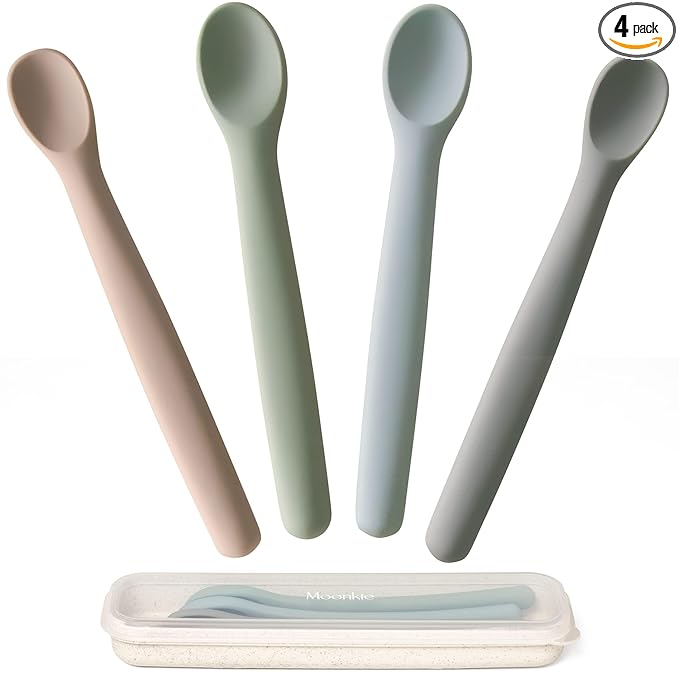 Moonkie Silicone Baby Spoons Set of 4, Toddler Spoons for Self Feeding 6 Months, Two Sizes Feeding Spoons for First Stage 4+ Months, Infant, Baby Utensils with Case, Bendable, Chewproof & Boil-proof