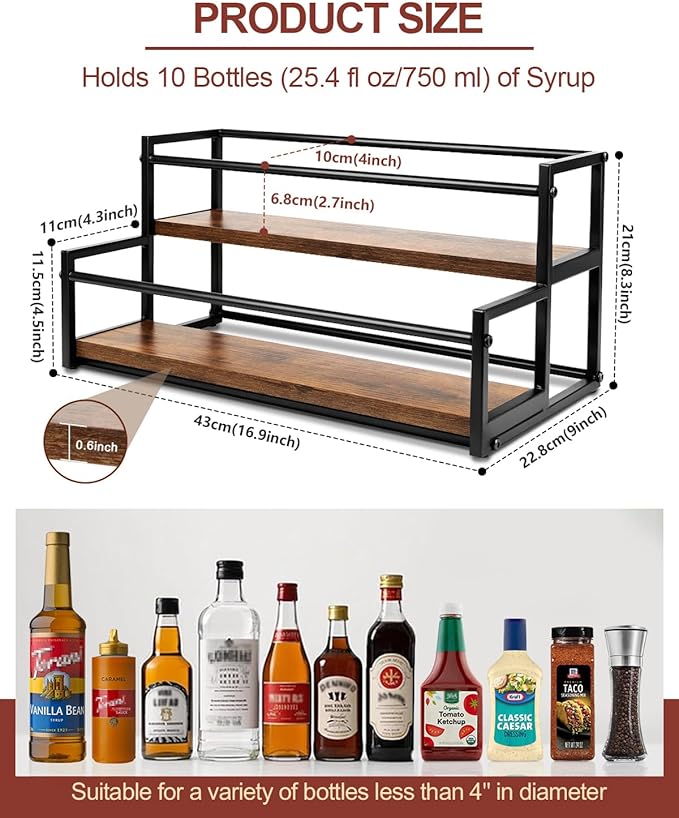 Coffee Syrup Rack Organizer, 2-Tier 10-Bottle Syrup Holder Stand for Coffee Bar & Liquor Display Shelf, Countertop Stand for Coffee Syrups, Wine, Spice, Soda Bar