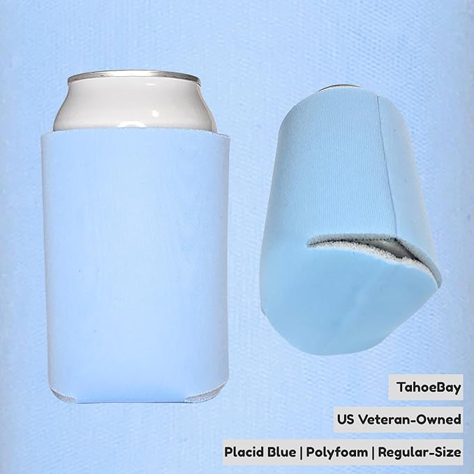 TahoeBay Bulk Blank Beer Can Cooler Sleeves (50-Pack) Sublimation Blanks for Vinyl Plain Soft Foam Can Sleeves Coolers for Soda Cans & Bottles Black, White, Assorted Solid Color (Placid Blue)