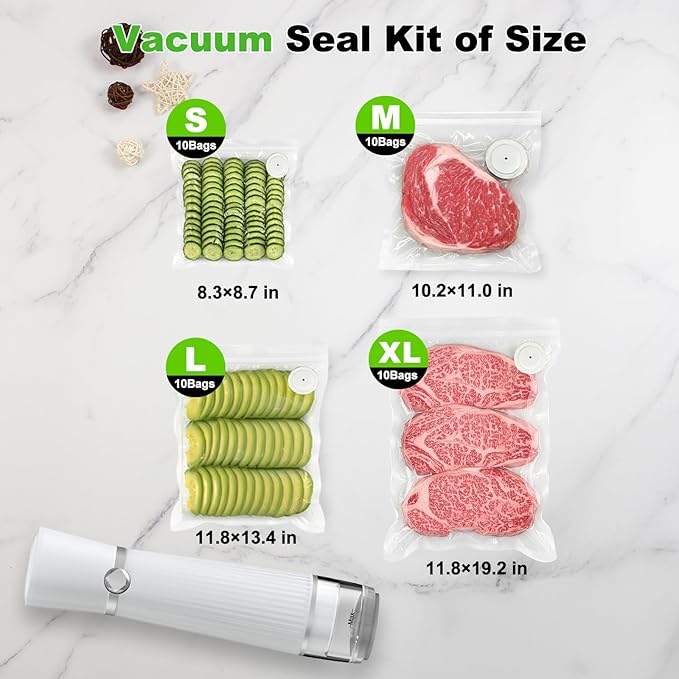 Vacuum Sealer for Food (Compact Vacuum Sealer Machine + 40 Reusable Vacuum Bags), Handheld Vacuum Food saver for 10X Preservation & Fresh, Powerful 80Kpa Portable Vacuum Sealer