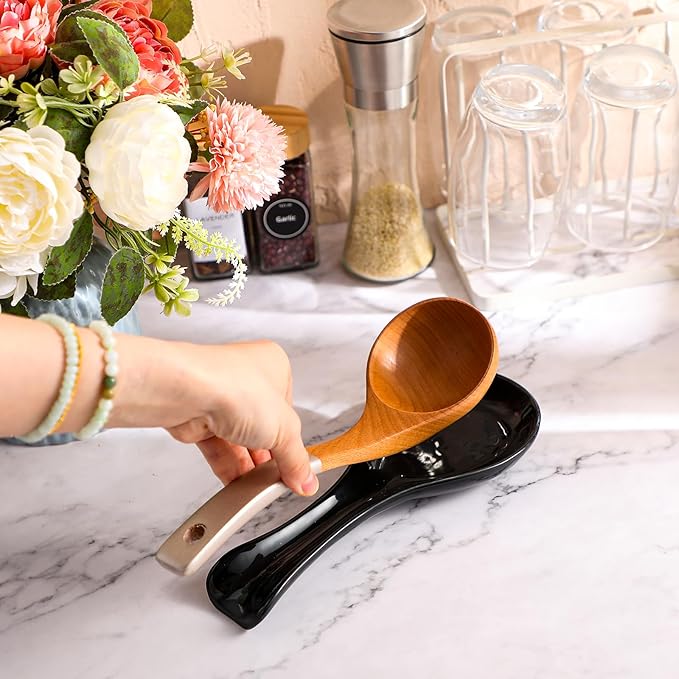 Patelai Ceramic Spoon Rest Spoon Holder Stovetop for Kitchen Stove Coffee Bar Accessories Christmas Gift(Black,Classic Style)