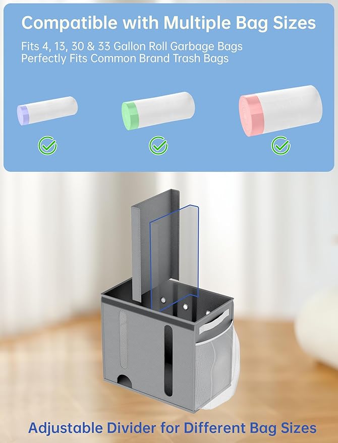 NiHome 2-in-1 Nonwoven Fabric Trash Bag Dispenser & Grocery Bag Holder, Large Adjustable Organizer for 4-33 Gallon Rolls, Wall-Mounted or Countertop Use, Multi-Purpose for Kitchen, Bathroom (Gray)