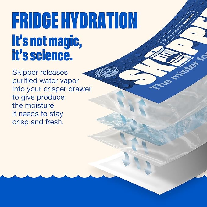 Skipper Fridge Hydration Pack | Keeps Vegetables, Produce & Herbs Fresh 3X Longer | Releases Purified Water Vapor | Compact Easy-to-Use Crisper Drawer Pack | All-Natural Ingredients | Made in the USA