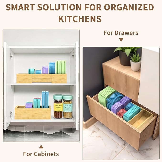 Retro Shaw Large Expandable Kitchen Lids Organizer for Cabinet, Covers, Pantry, Drawer & Countertop Storage, with 3 Adjustable Dividers, Hand-made Bamboo Food Container