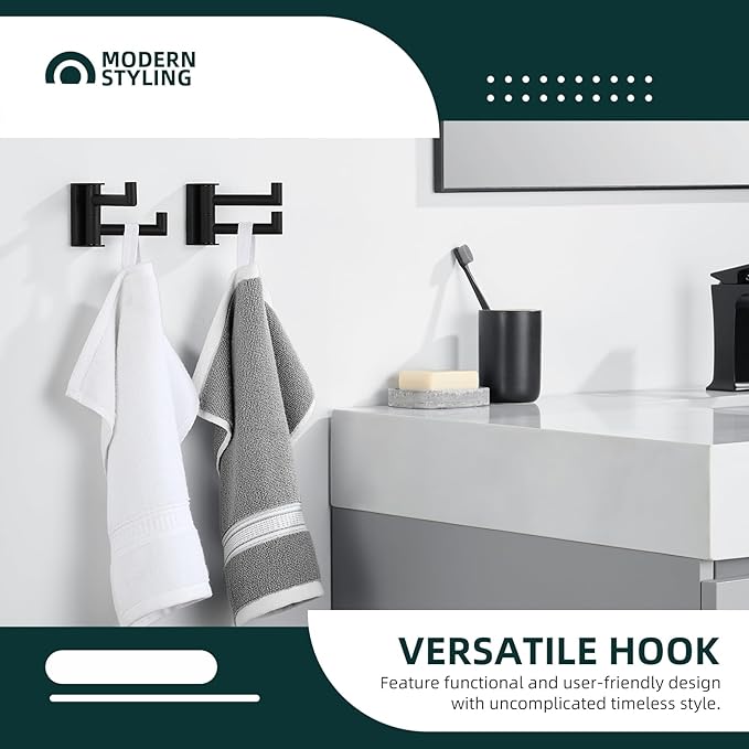 Angle Simple Swivel Towel Hook Matte Black 2 Pack, 304 Stainless Steel Double Robe Hook for Bathroom