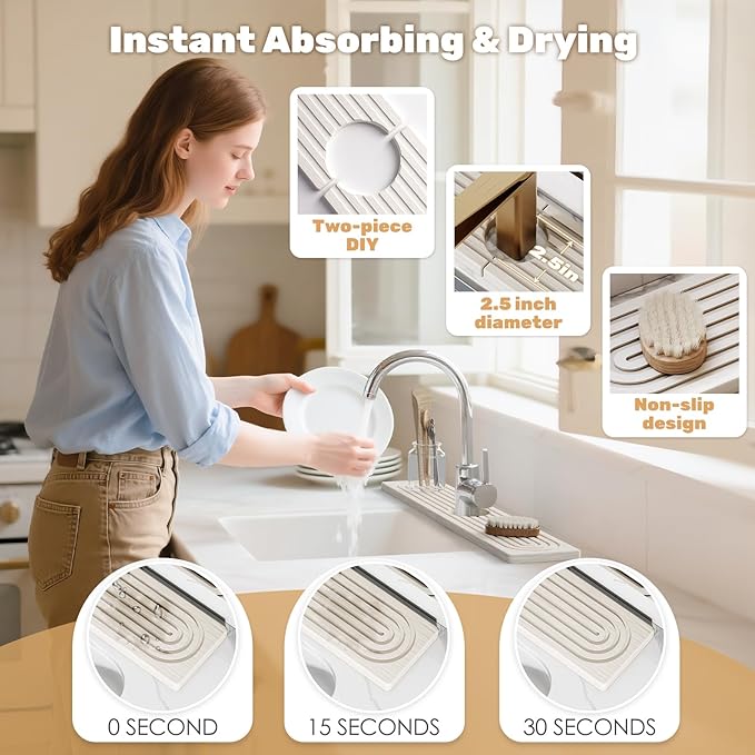 23.6''x4.8''Long Stone Faucet Mat for Kitchen Sink,Diatomite Quick Dry Kitchen Sink Splash Guard,Drying Stone Sink Tray,Super Absorbent,Sink Stone Quick Dry Around Faucet For Bathroom Counter-White